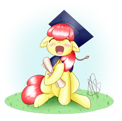 Size: 2000x1980 | Tagged: safe, artist:magicbriz, apple bloom, earth pony, pony, g4, adorabloom, atg 2021, blushing, crying, cute, female, filly, floppy ears, graduation, graduation cap, happy, hat, mawshot, newbie artist training grounds, open mouth, signature, simple background, solo, tears of joy, transparent background, volumetric mouth