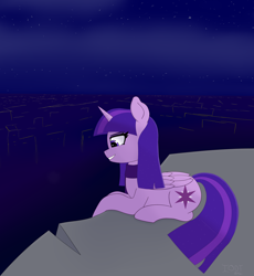 Size: 2048x2224 | Tagged: safe, artist:ionlydrawtwi, derpibooru exclusive, twilight sparkle, alicorn, pony, descended twilight, g4, abstract background, cliff, cloud, ethereal mane, female, grin, high res, mare, night, sky, smiling, solo, starry mane, starry tail, stars, twilight sparkle (alicorn)