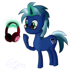 Size: 1280x1264 | Tagged: safe, artist:6dpegasus, oc, oc only, oc:rainy script, pony, unicorn, glasses, headphones, magic, male, simple background, solo, standing, telekinesis, transparent background