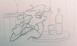 Size: 1815x1086 | Tagged: safe, artist:saby, derpibooru exclusive, applejack, earth pony, pony, g4, alternate hairstyle, bags under eyes, bottle, bust, commission, drunk, ears back, glass, hair bun, hangover, henri de toulouse-lautrec, implied alcoholism, indoors, leaning forward, lineart, looking away, monochrome, older, pastiche, pencil drawing, sitting, solo, table, traditional art, unamused