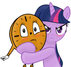 Size: 1880x1763 | Tagged: safe, artist:grapefruit-face, twilight sparkle, pony, g4, angry, base used, blushing, clock, crossover, duo, duo female, female, frown, hug, loki (tv series), looking at you, mare, marvel cinematic universe, miss minutes, protecting, show accurate, simple background, tara strong, transparent background, voice actor joke, voice actor reference