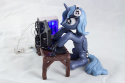 Size: 1280x854 | Tagged: safe, artist:azgchip, princess luna, alicorn, pony, gamer luna, g4, angry, computer, computer mouse, craft, female, folded wings, gaming, grimace, headphones, keyboard, mare, microphone, monitor, photo, rgb, s1 luna, sculpture, sitting, solo, table, wax, wings, wires