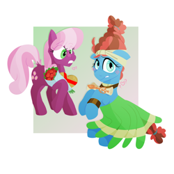 Size: 1024x1024 | Tagged: safe, artist:skulljooce, cheerilee, meadowbrook, earth pony, pony, g4, bouquet, candy, clothes, crack shipping, female, flower, food, lesbian, mare, scroll, shipping, simple background