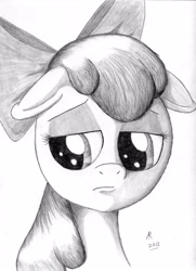 Size: 2514x3467 | Tagged: safe, artist:rameslack, apple bloom, earth pony, pony, g4, bow, female, filly, floppy ears, hair bow, high res, monochrome, sad, solo, traditional art