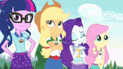 Size: 720x405 | Tagged: safe, edit, edited screencap, screencap, applejack, fluttershy, pinkie pie, rainbow dash, rarity, sci-twi, sunset shimmer, twilight sparkle, equestria girls, g4, my little pony equestria girls: legend of everfree, animated, camp everfree outfits, confetti, explosion, eyes closed, gif, goddammit pinkie, humane five, humane seven, humane six, mushroom cloud, party grenade, pier, pinkie being pinkie, streamers