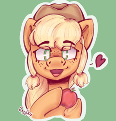 Size: 1200x1250 | Tagged: safe, artist:scribleydoodles, applejack, earth pony, pony, g4, apple, applejack's hat, cowboy hat, cute, female, food, freckles, green background, hat, heart, jackabetes, looking at you, mare, open mouth, simple background, solo
