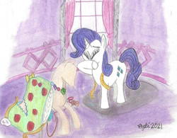 Size: 1280x998 | Tagged: safe, artist:pianoflagerag, rarity, pony, unicorn, g4, atg 2021, carousel boutique, clothes, crying, dress, embarrassed, mannequin, newbie artist training grounds, traditional art