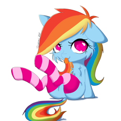 Size: 1080x1080 | Tagged: safe, artist:fajnyziomal, rainbow dash, pegasus, pony, g4, :p, butt, cheek fluff, chest fluff, clothes, commission, dock, no pupils, one ear down, plot, sexy, socks, solo, stockings, striped socks, tail, thigh highs, tongue out, your character here