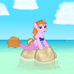 Size: 1500x1500 | Tagged: safe, artist:phallen1, oc, oc only, oc:maya northwind, merpony, pony, seapony (g4), unicorn, atg 2018, bra, cloud, dorsal fin, fish tail, newbie artist training grounds, ocean, open mouth, orange eyes, seaponified, seashell bra, sky, smiling, solo, species swap, tail, water