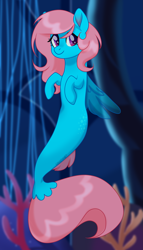 Size: 1855x3232 | Tagged: safe, artist:sannykat, oc, oc only, seapony (g4), clothes, collar, coral, dorsal fin, eyelashes, female, fin wings, fins, fish tail, flowing tail, ocean, pink mane, purple eyes, seaquestria, see-through, smiling, solo, tail, underwater, water, wings