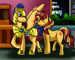 Size: 1280x1028 | Tagged: safe, artist:bluegirl123456, flash sentry, sunset shimmer, pony, unicorn, g4, female, male, ship:flashimmer, shipping, straight