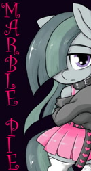 Size: 380x707 | Tagged: safe, artist:a.s.e, marble pie, earth pony, pony, semi-anthro, g4, bipedal, black background, clothes, cute, female, frown, hair over one eye, looking at you, marblebetes, mare, simple background, skirt, solo