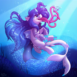 Size: 4000x4000 | Tagged: safe, artist:sugaryviolet, oc, oc only, oc:prince nova, hybrid, merpony, blue mane, bubble, dorsal fin, fangs, fish tail, flowing mane, flowing tail, looking up, ocean, open mouth, seaweed, solo, sunlight, swimming, tail, tickling, tongue out, underwater, water