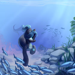 Size: 1280x1280 | Tagged: safe, artist:laymy, oc, oc only, fish, seapony (g4), blue eyes, blue mane, coral, crepuscular rays, flowing mane, flowing tail, jewelry, necklace, ocean, rock, seaweed, solo, sunlight, swimming, underwater, water