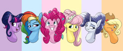 Size: 1280x534 | Tagged: safe, artist:rocket-lawnchair, applejack, fluttershy, pinkie pie, rainbow dash, rarity, twilight sparkle, crystal pony, g4, green isn't your color, it isn't the mane thing about you, make new friends but keep discord, the best night ever, alternate hairstyle, bust, crystal rarity, crystallized, female, mane six, modelshy, poofy pie, portrait