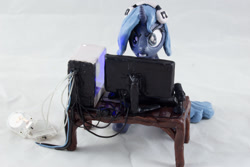 Size: 1280x854 | Tagged: safe, artist:azgchip, princess luna, alicorn, pony, gamer luna, g4, angry, computer, craft, female, headphones, mare, monitor, photo, s1 luna, sculpture, solo, table, wires