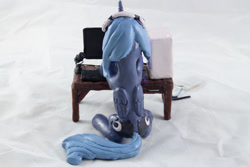 Size: 1280x854 | Tagged: safe, artist:azgchip, princess luna, alicorn, pony, gamer luna, g4, both cutie marks, butt, computer, craft, female, folded wings, headphones, keyboard, mare, microphone, monitor, moonbutt, photo, s1 luna, sculpture, sitting, solo, table, wings