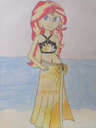 Size: 2992x4000 | Tagged: safe, artist:spongeotakuph, sunset shimmer, human, equestria girls, g4, beach, belly button, bikini, clothes, ecchi, sarong, swimsuit, traditional art