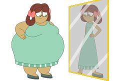 Size: 1024x663 | Tagged: safe, artist:jamesawilliams1996, yona, human, equestria girls, g4, belly, big belly, big breasts, bingo wings, bow, breasts, clothes, dress, equestria girls-ified, fat, fat boobs, fat yona, female, mirror, monkey swings, morbidly obese, obese, reflection, shoes, simple background, solo, transparent background, worried