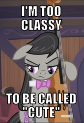 Size: 411x600 | Tagged: safe, edit, edited screencap, editor:twi clown, screencap, octavia melody, earth pony, pony, g4, season 5, slice of life (episode), blatant lies, bowtie, caption, cello, cropped, cute, denial's not just a river in egypt, female, floppy ears, i'm not cute, image macro, mare, musical instrument, octavia is not amused, solo, tavibetes, text, tsundere, tsuntavia, unamused