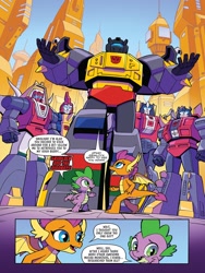 Size: 768x1024 | Tagged: safe, artist:caseycoller, idw, smolder, spike, dragon, robot, g4, the magic of cybertron, spoiler:comic, spoiler:the magic of cybertron04, crossover, cybertron, dinobot, female, grimlock, male, slag (dinobot), sludge (dinobot), snarl (dinobot), swoop, transformers, winged spike, wings