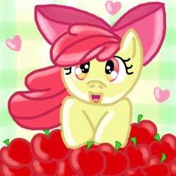 Size: 512x512 | Tagged: safe, artist:pokesonfangirl, apple bloom, earth pony, pony, g4, adorabloom, apple, cute, female, filly, food, heart, looking at you, open mouth, solo
