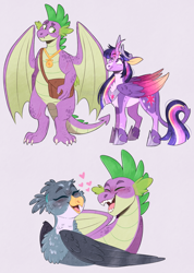 Size: 1154x1624 | Tagged: safe, artist:wanderingpegasus, gabby, spike, twilight sparkle, alicorn, dragon, griffon, pony, g4, alternate hairstyle, bag, blushing, chest fluff, crown, curved horn, eyes closed, female, floating heart, grin, heart, hoof shoes, horn, jewelry, leonine tail, male, mare, markings, medal, older, older spike, older twilight, open mouth, redesign, regalia, ship:spabby, shipping, smiling, straight, twilight sparkle (alicorn)