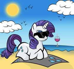 Size: 2700x2522 | Tagged: safe, artist:vareb, rarity, pony, unicorn, alcohol, beach, cloud, high res, ocean, smiling, solo, sun, sunglasses, towel, water, wine