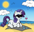 Size: 2700x2522 | Tagged: safe, artist:vareb, rarity, pony, unicorn, g4, alcohol, beach, cloud, high res, ocean, smiling, solo, sun, sunglasses, towel, water, wine