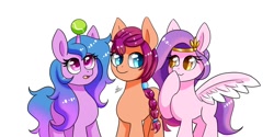 Size: 1366x685 | Tagged: safe, artist:zachc, izzy moonbow, pipp petals, sunny starscout, earth pony, pegasus, pony, unicorn, g5, adorapipp, ball, cute, female, horn, hornball, izzy's tennis ball, mare, simple background, tennis ball, trio, white background