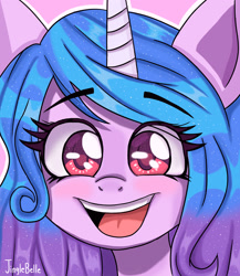 Size: 1778x2048 | Tagged: safe, artist:jinglebelle, izzy moonbow, pony, unicorn, g5, :d, blushing, bust, cute, eyelashes, female, horn, izzybetes, looking at you, mare, open mouth, portrait, signature, smiling, solo, surprised