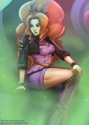 Size: 2480x3508 | Tagged: safe, artist:nire, adagio dazzle, aria blaze, sonata dusk, equestria girls, equestria girls specials, g4, my little pony equestria girls: better together, my little pony equestria girls: sunset's backstage pass, boots, clothes, eyeshadow, high res, jacket, makeup, offscreen character, shoes, shorts, smiling, solo focus, spiked headband, spiked wristband, stage light, the dazzlings, wristband