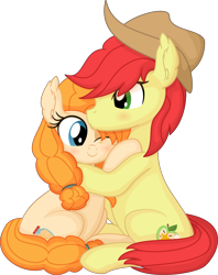 Size: 6357x8041 | Tagged: safe, artist:cyanlightning, bright mac, pear butter, earth pony, pony, g4, .svg available, absurd resolution, blushing, brightabetes, cute, ear fluff, female, forehead kiss, hat, hug, husband and wife, kissing, male, mare, pearabetes, ship:brightbutter, shipping, simple background, smiling, stallion, straight, transparent background, vector