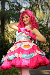 Size: 1999x2999 | Tagged: safe, artist:sarahndipity cosplay, pinkie pie, human, g4, the best night ever, 2015, clothes, cosplay, costume, dress, gala dress, heart hands, irl, irl human, photo, sleeveless