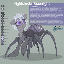 Size: 2000x2000 | Tagged: safe, artist:fluffyxai, oc, oc only, oc:nightshade moonlight, drider, monster pony, original species, pony, spider, spiderpony, claws, fangs, high res, multiple eyes, pony hybrid, reference sheet, solo, spider legs, text