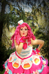 Size: 1999x2999 | Tagged: safe, artist:sarahndipity cosplay, pinkie pie, human, g4, the best night ever, 2015, blowing a kiss, clothes, cosplay, costume, dress, gala dress, hand on hip, irl, irl human, photo, solo