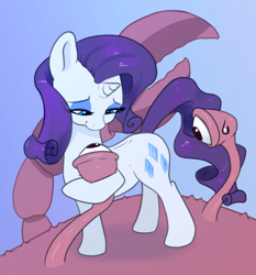 Size: 1600x1718 | Tagged: safe, artist:xbi, rarity, crab, giant crab, pony, unicorn, g4, 30 minute art challenge finished after, blue background, eyes on the prize, female, gradient background, looking at butt, mare, rarity fighting a giant crab, simple background