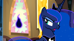 Size: 1920x1080 | Tagged: safe, screencap, princess luna, tantabus, alicorn, pony, do princesses dream of magic sheep, g4, season 5, broken window, crown, female, jewelry, mare, open mouth, regalia, window