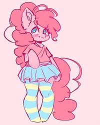 Size: 700x875 | Tagged: safe, artist:valeria_fills, pinkie pie, earth pony, semi-anthro, g4, arm hooves, clothes, female, midriff, pink background, shirt, short shirt, simple background, skirt, socks, solo, striped socks, t-shirt, thigh highs