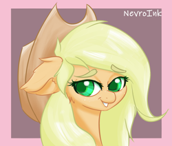 Size: 1280x1084 | Tagged: safe, artist:inkypuso, part of a set, applejack, earth pony, pony, g4, bust, cheek fluff, colored pupils, ear fluff, eyebrows, eyebrows visible through hair, female, floppy ears, mare, solo