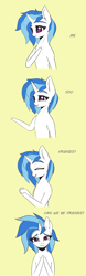 Size: 3593x11468 | Tagged: safe, artist:inkypuso, dj pon-3, vinyl scratch, unicorn, semi-anthro, g4, absurd resolution, arm hooves, comic, female, mare, mute vinyl, sign language, simple background, smiling, solo, yellow background