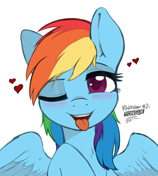 Size: 2550x2838 | Tagged: safe, artist:ratofdrawn, color edit, edit, editor:maonyman, rainbow dash, pegasus, pony, blushing, chest fluff, colored, colored pupils, cute, dashabetes, drool, female, floating heart, heart, high res, inktober, kinktober, kinktober2018, lidded eyes, looking at you, mare, mawshot, one eye closed, open mouth, raised hoof, simple background, smiling, smiling at you, solo, spread wings, tongue out, white background, wing fluff, wings, wink, winking at you