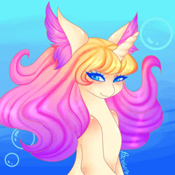 Size: 1080x1080 | Tagged: safe, artist:siriuscallisto, oc, oc only, merpony, pony, seapony (g4), unicorn, blue eyes, blushing, bubble, crepuscular rays, eyelashes, female, flowing mane, horn, looking at you, ocean, seaponified, signature, solo, species swap, sunlight, underwater, water