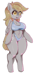 Size: 961x2000 | Tagged: safe, artist:tingtongten, derpy hooves, pegasus, anthro, unguligrade anthro, g4, arm hooves, belly button, bikini, bikini bottom, bikini top, breasts, busty derpy hooves, cleavage, clothes, derp, female, mare, open mouth, simple background, solo, swimsuit, transparent background, wings