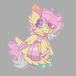 Size: 1000x1000 | Tagged: safe, artist:rubyg242, fluttershy, pony, g4, blushing, clothes, colored wings, cute, daaaaaaaaaaaw, eye clipping through hair, gray background, multicolored hair, multicolored tail, multicolored wings, pride flag, scarf, shyabetes, signature, simple background, solo, wings