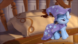 Size: 854x480 | Tagged: safe, edit, trixie, g4, 4de, animated, bed, cape, clothes, hat, plushie, randy newman, sound, toy story, trixie plushie, trixie's cape, trixie's hat, uberduck.ai, webm, you've got a friend in me