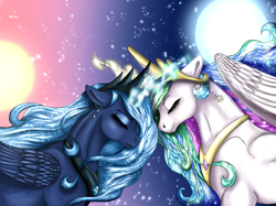 Size: 2618x1956 | Tagged: safe, artist:nutmeg04, princess celestia, princess luna, alicorn, pony, g4, blue mane, crown, ethereal mane, eyelashes, eyes closed, female, flowing mane, folded wings, glowing horn, horn, jewelry, moon, moonlight, multicolored hair, regalia, royal sisters, s1 luna, siblings, signature, sisters, smiling, starry mane, stars, sun, sunlight, wings
