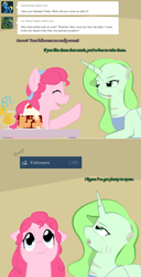 Size: 900x1758 | Tagged: safe, artist:askmerriweatherauthor, pinkie pie, oc, oc:merriweather, pony, unicorn, ask merriweather, g4, female, food, mare, milestone, pancakes