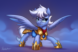 Size: 3000x2000 | Tagged: safe, artist:jedayskayvoker, oc, oc only, oc:daily air, pegasus, pony, armor, clothes, eyebrows, eyebrows visible through hair, fog, frown, glasses, gritted teeth, guard, high res, male, pegasus oc, royal guard, royal guard armor, scarf, solo, stallion, wings