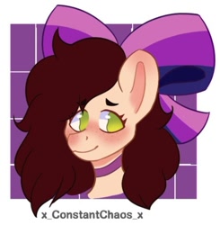 Size: 612x625 | Tagged: safe, artist:x.constantchaos.x, oc, oc only, oc:anthon, pegasus, pony, bisexual male, bisexual pride flag, blushing, bow, bust, choker, cute, detailed background, digital art, femboy, freckles, girly, hair, hair bow, jewelry, long hair, long mane, male, necklace, pegasus oc, ponysona, pride, pride flag, purple background, ribbon, simple background, solo, teenager, wavy hair, wavy mane